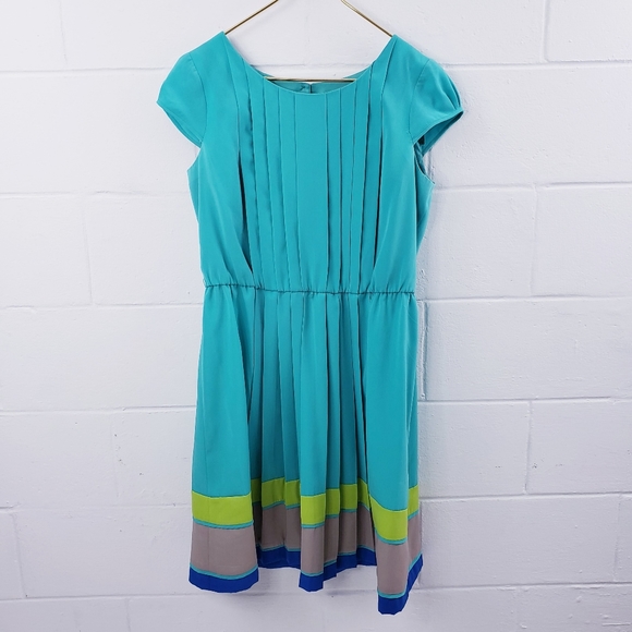 Pleated Turquoise Lime Green Colorblock Dress with Belt RK Originals Size 14 - Picture 2 of 11